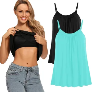 Womens Loose Camisole Top with Built in Padded Bra Flowy Pleated Tank Cami Top