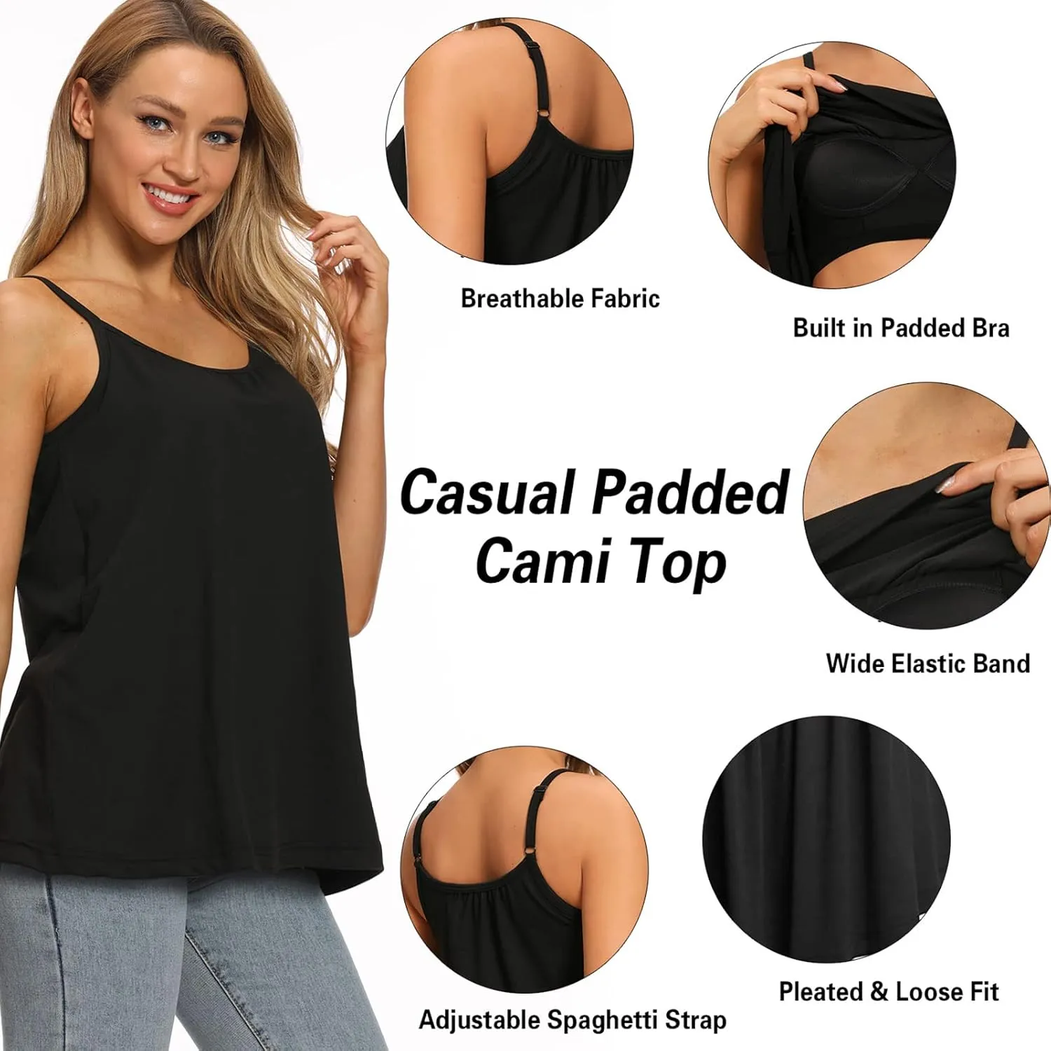 Womens Loose Camisole Top with Built in Padded Bra Flowy Pleated Tank Cami Top