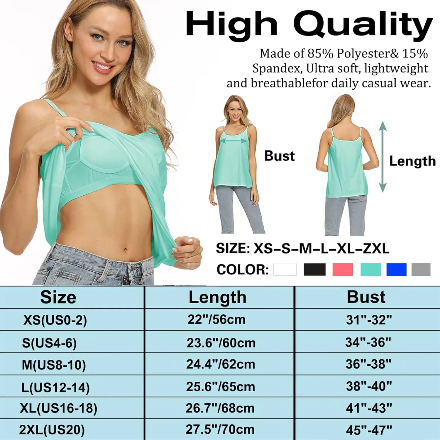 Womens Loose Camisole Top with Built in Padded Bra Flowy Pleated Tank Cami Top