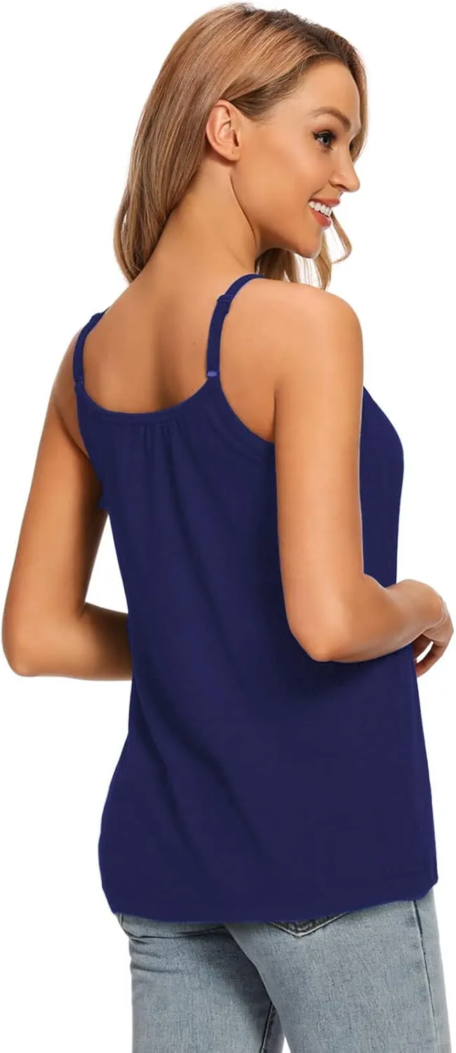 Womens Loose Camisole Top with Built in Padded Bra Flowy Pleated Tank Cami Top