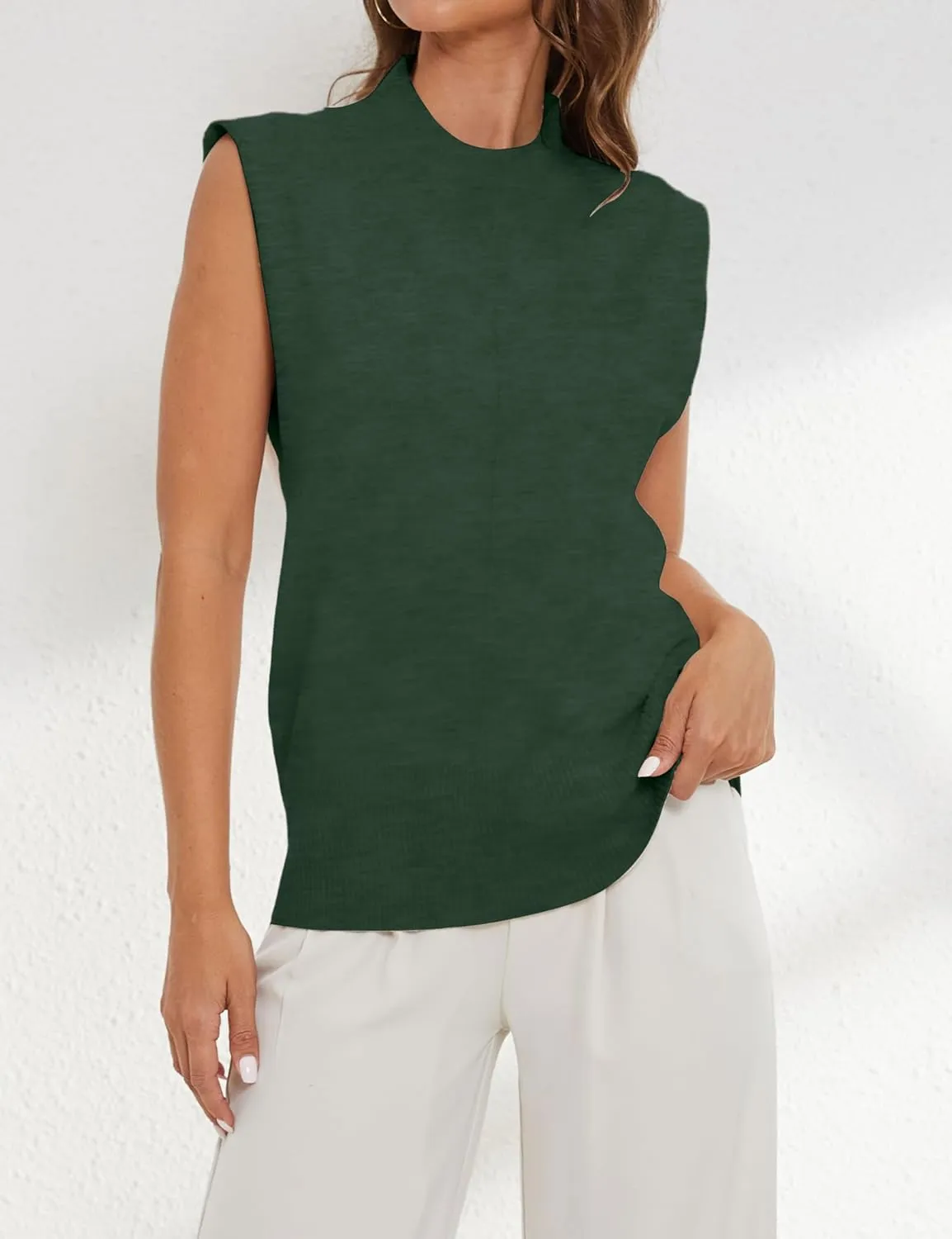 Women's Mock Neck Sleeveless Sweater Vest Elegant Solid Cap Sleeve Knit Pullover Tank Tops Loose Fit Ribbed Knitwear