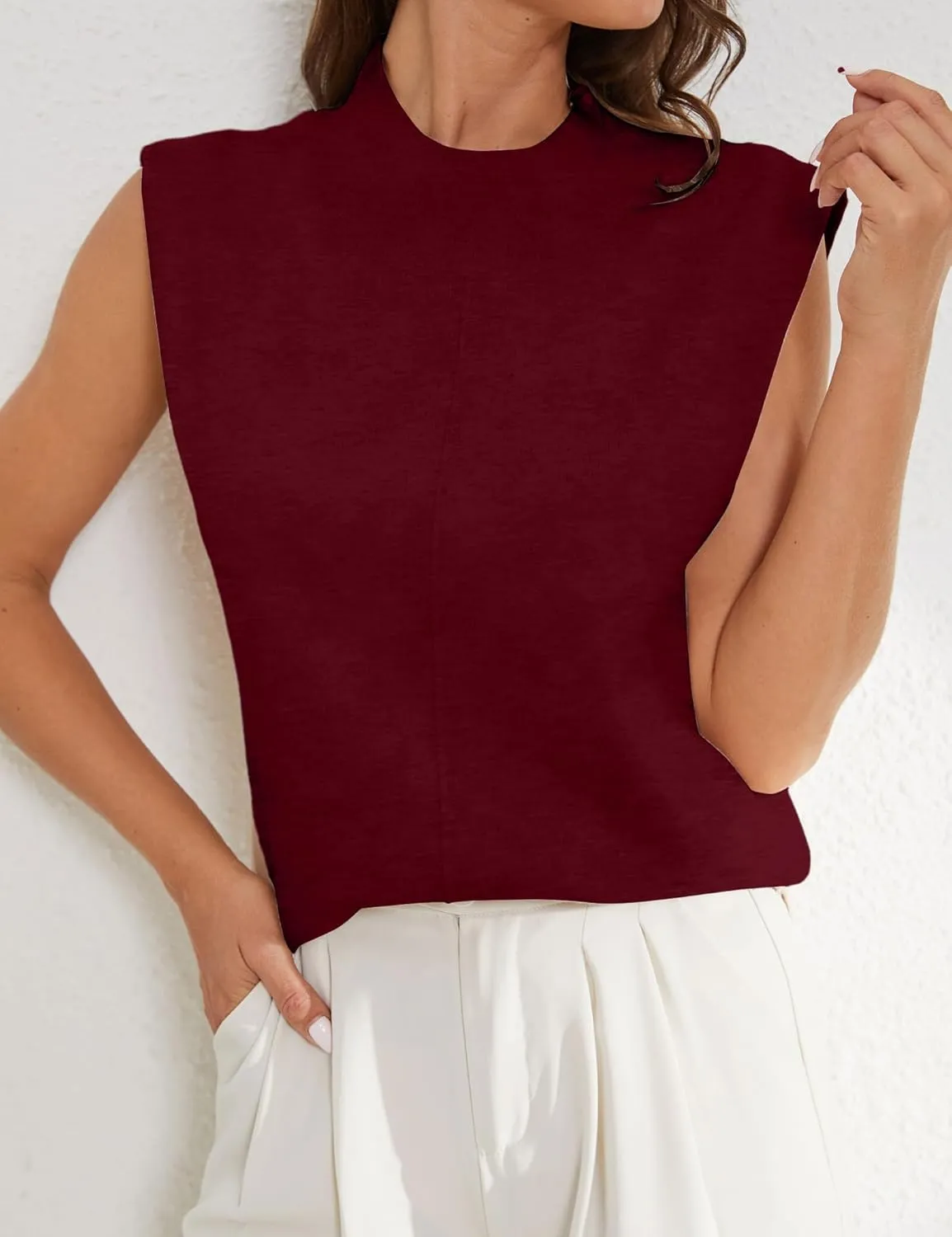 Women's Mock Neck Sleeveless Sweater Vest Elegant Solid Cap Sleeve Knit Pullover Tank Tops Loose Fit Ribbed Knitwear