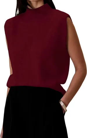 Women's Mock Neck Sleeveless Sweater Vest Elegant Solid Cap Sleeve Knit Pullover Tank Tops Loose Fit Ribbed Knitwear