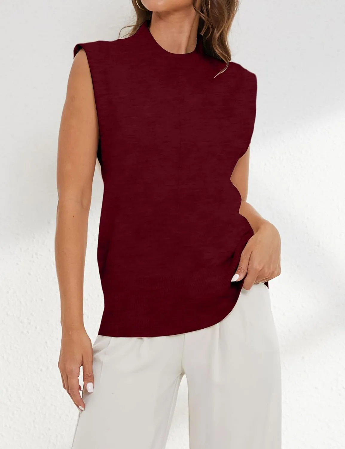Women's Mock Neck Sleeveless Sweater Vest Elegant Solid Cap Sleeve Knit Pullover Tank Tops Loose Fit Ribbed Knitwear