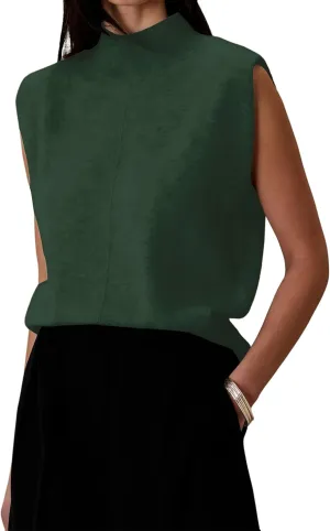 Women's Mock Neck Sleeveless Sweater Vest Elegant Solid Cap Sleeve Knit Pullover Tank Tops Loose Fit Ribbed Knitwear