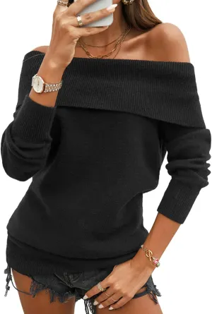 Womens Off Shoulder Sweaters Y2K Batwing Sleeve Casual Knit Pullover Sweater Date Night Blouse Jumper Tops