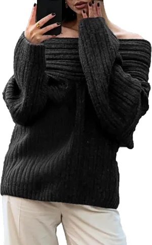 Women's Off The Shoulder Sweater Oversized Batwing Long Sleeve Loose Chunky Knit Pullover Sweaters Top