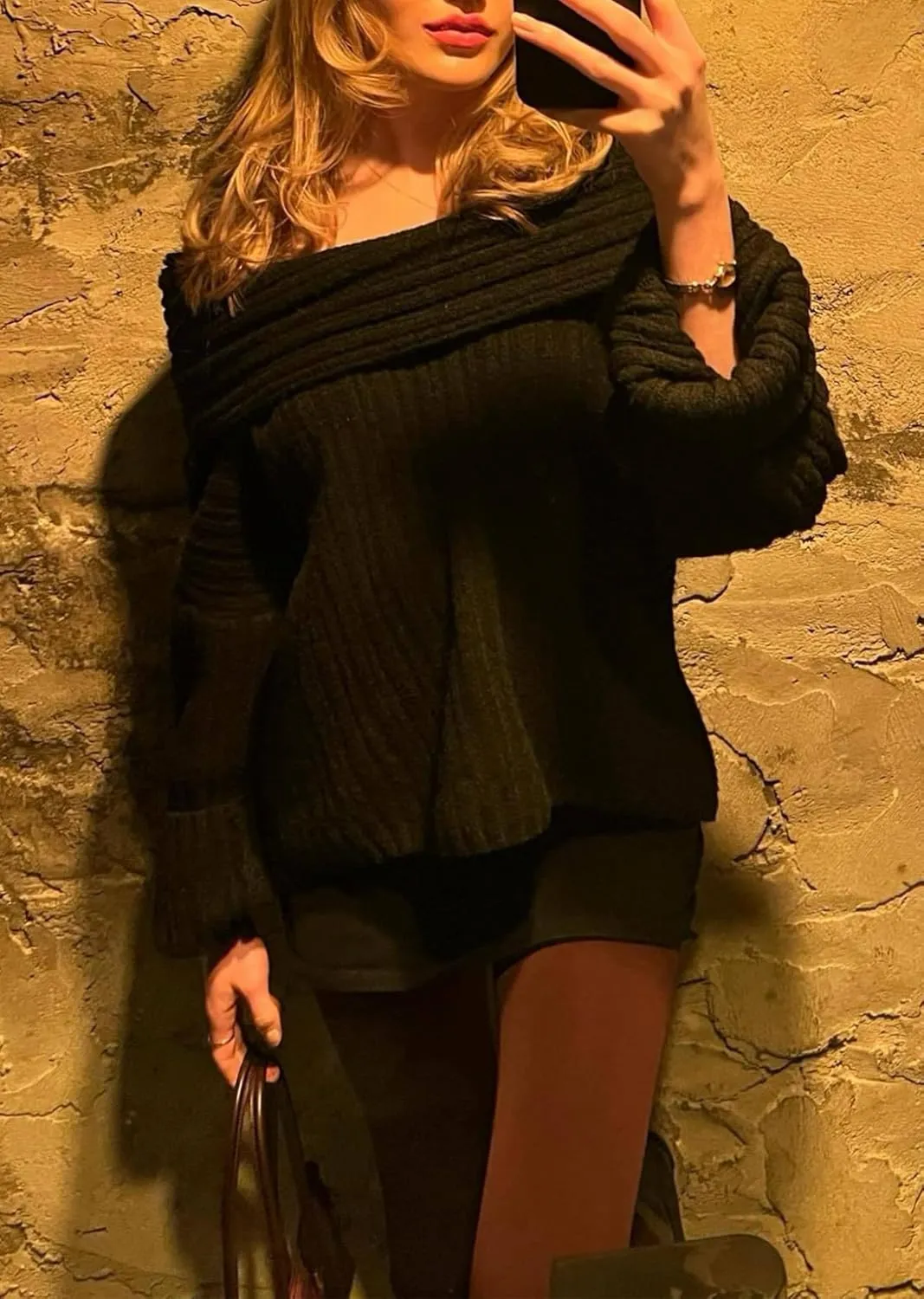 Women's Off The Shoulder Sweater Oversized Batwing Long Sleeve Loose Chunky Knit Pullover Sweaters Top