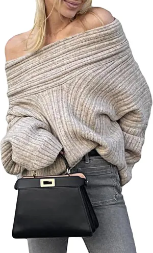 Women's Off The Shoulder Sweater Oversized Batwing Long Sleeve Loose Chunky Knit Pullover Sweaters Top