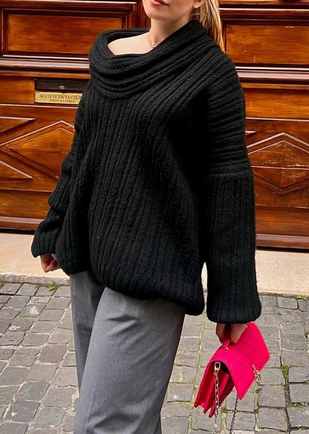Women's Off The Shoulder Sweater Oversized Batwing Long Sleeve Loose Chunky Knit Pullover Sweaters Top
