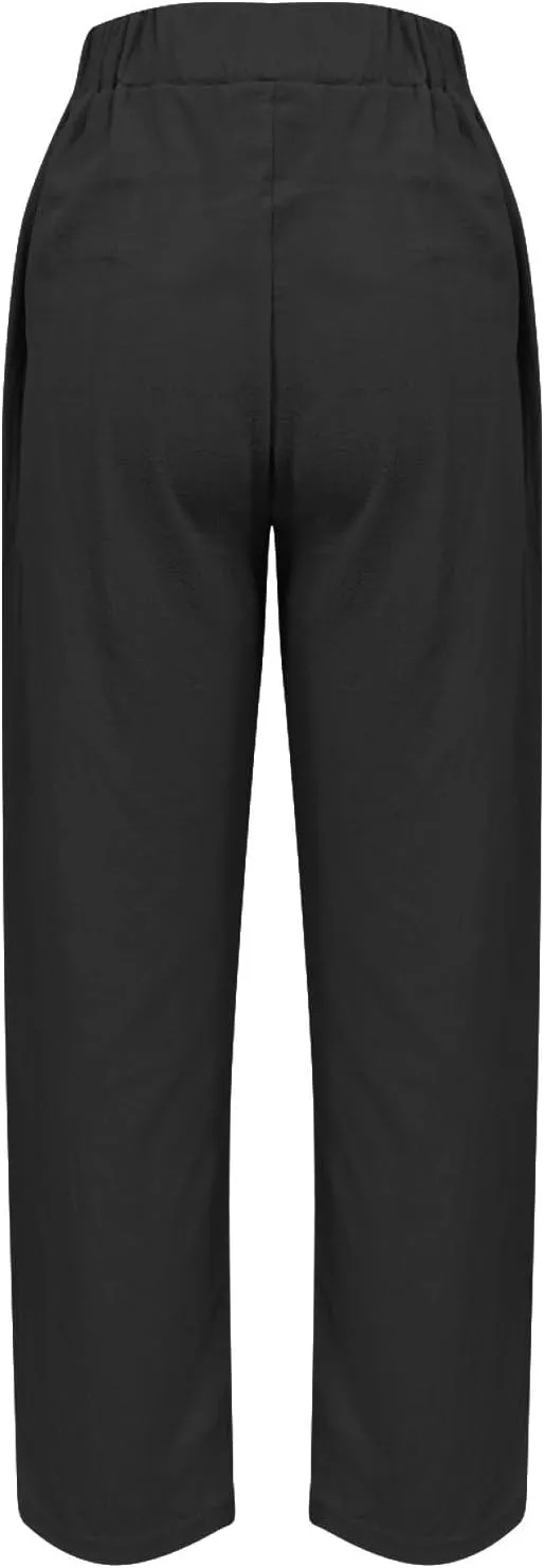 Womens Palazzo Pants Beach Trousers Casual Lightweight Elastic Waist Pants with Pockets Loose Fit Full Length Pants