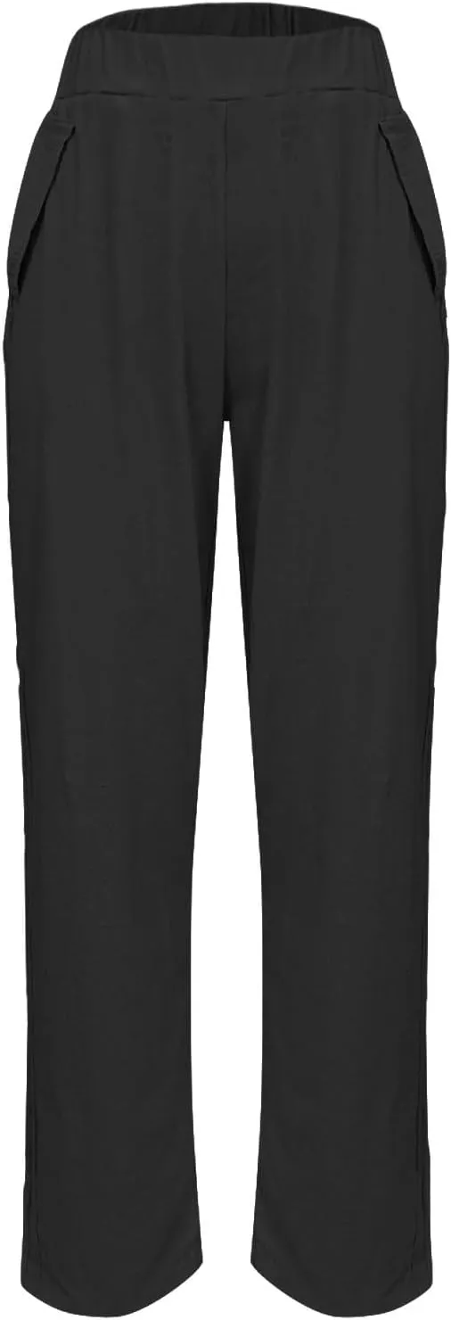 Womens Palazzo Pants Beach Trousers Casual Lightweight Elastic Waist Pants with Pockets Loose Fit Full Length Pants