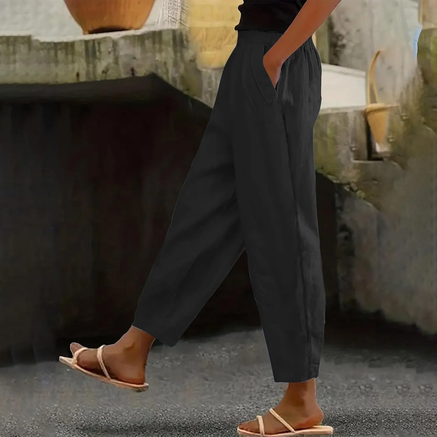 Womens Palazzo Pants Beach Trousers Casual Lightweight Elastic Waist Pants with Pockets Loose Fit Full Length Pants