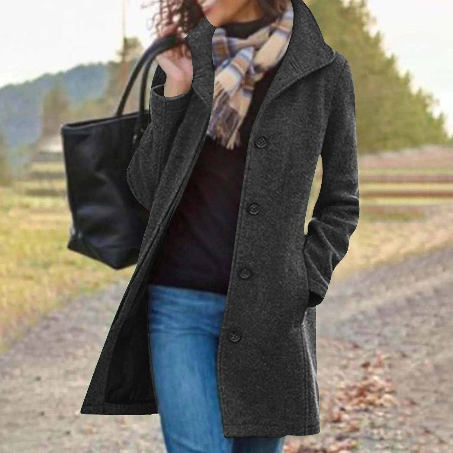 Womens Pea Coat Winter Fall Classic Button Down Stand Collar Peacoat Dressy Casual Elegant Trench Coat with Pocket