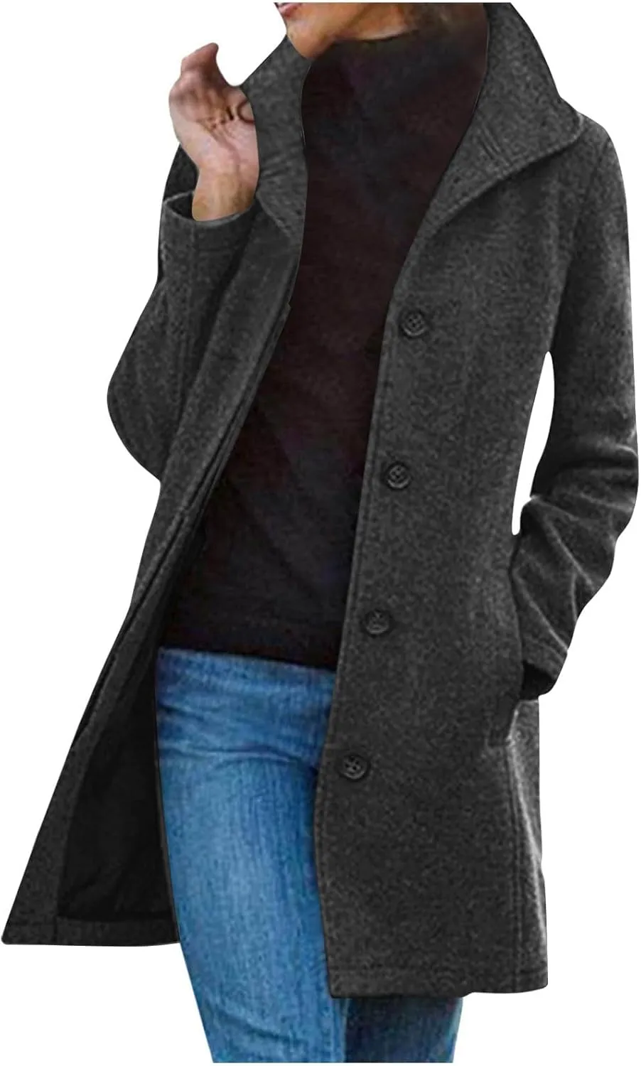 Womens Pea Coat Winter Fall Classic Button Down Stand Collar Peacoat Dressy Casual Elegant Trench Coat with Pocket
