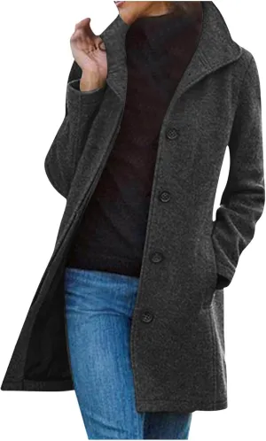Womens Pea Coat Winter Fall Classic Button Down Stand Collar Peacoat Dressy Casual Elegant Trench Coat with Pocket