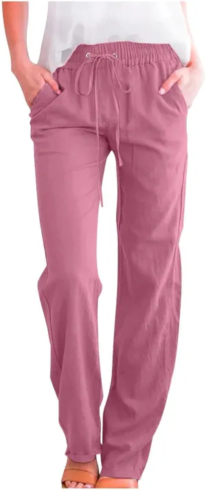 Women's Plus Size Linen Pans Straight Leg Casual Work Pants High Waisted Comfy Summer Pants Lightweight Lounge Pants