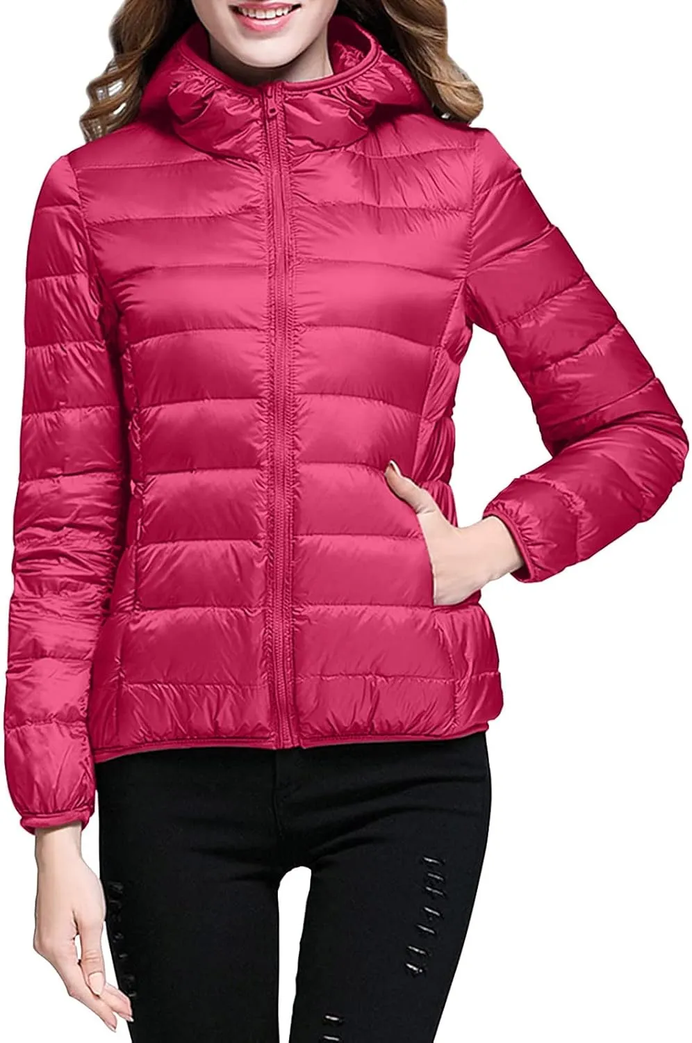 Womens Puffer Jacket 2024 Winter Warm Packable Down Jacket Lightweight Slim Fit Hooded Jacket Short Duck Down Coat