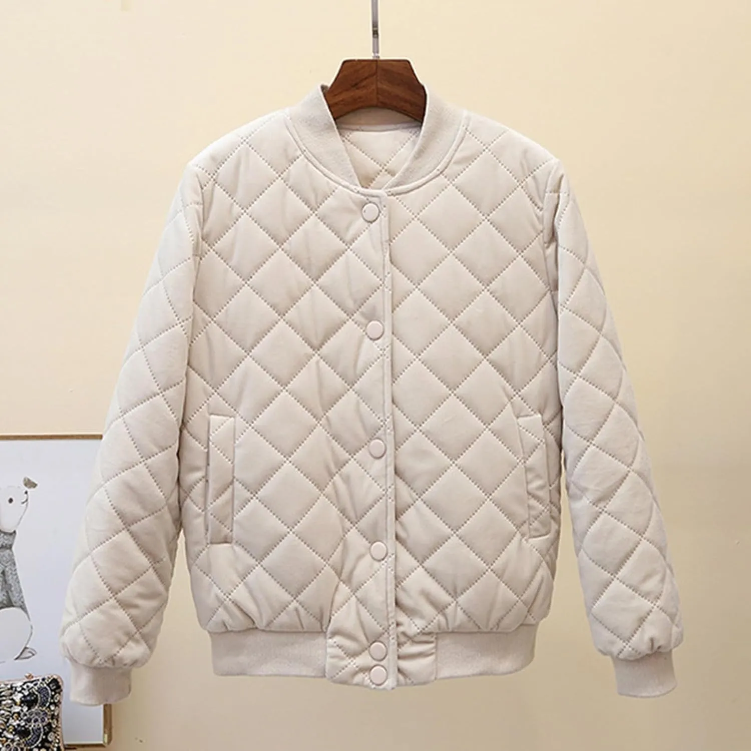 Womens Quilted Puffer Jackets Cotton Padded Button Down Coat Long Sleeve Zipper Outerwear 2024 Winter Outfits Clothes