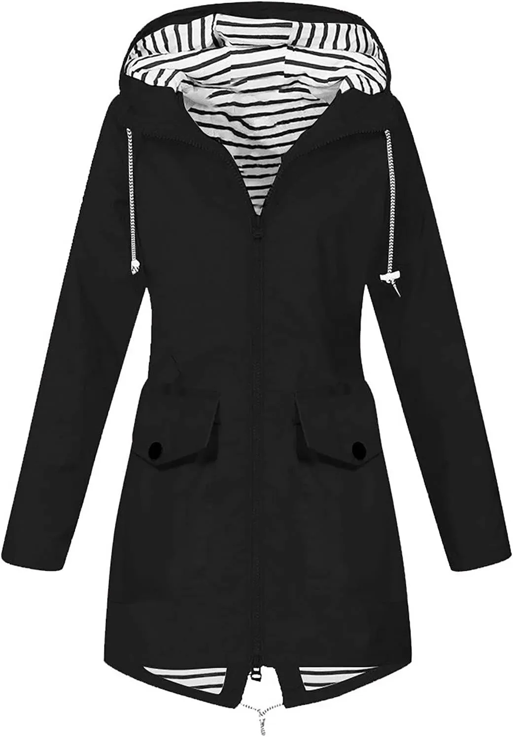 Womens Rain Jacket Waterproof Long Hooded Rain Coats Lightweight Outdoor Windbreaker Button Zip Up Travel Trench Coat