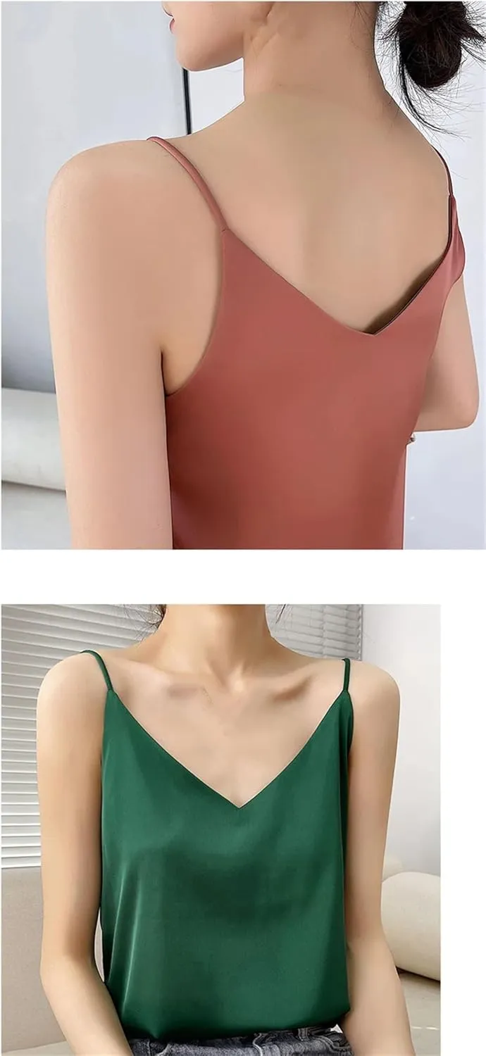 Women's Satin Sexy Tank Top Spaghetti Strap Top Sleeveless Shirt Silk Camisole