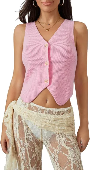 Women's Sleeveless Sweater Vest Knit V Neck Button Going Out Tops Casual Spring Summer Waistcoat Cardigan