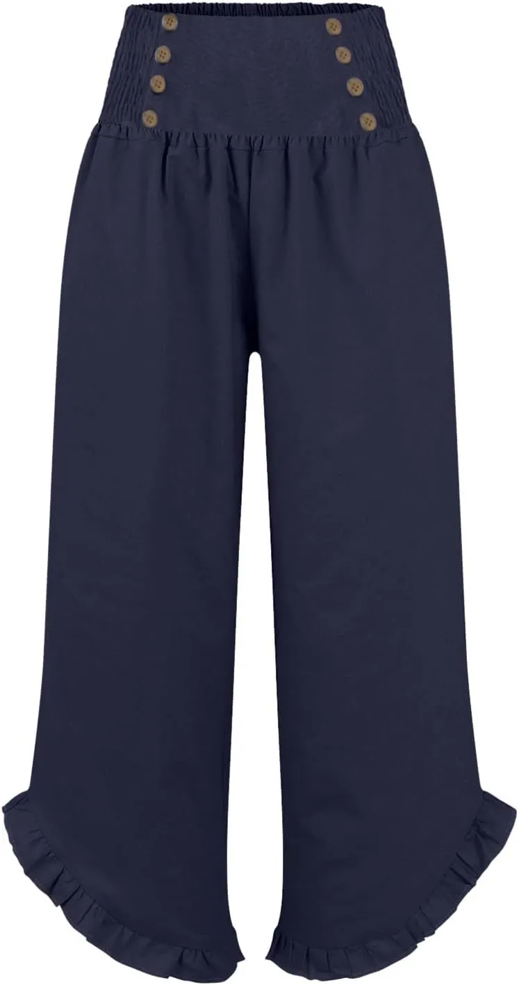 Women's Summer Drawstring Waist Leg Pants Casual Baggy Elastic Waistband with Pockets Fashionable Pants Flowy Wide