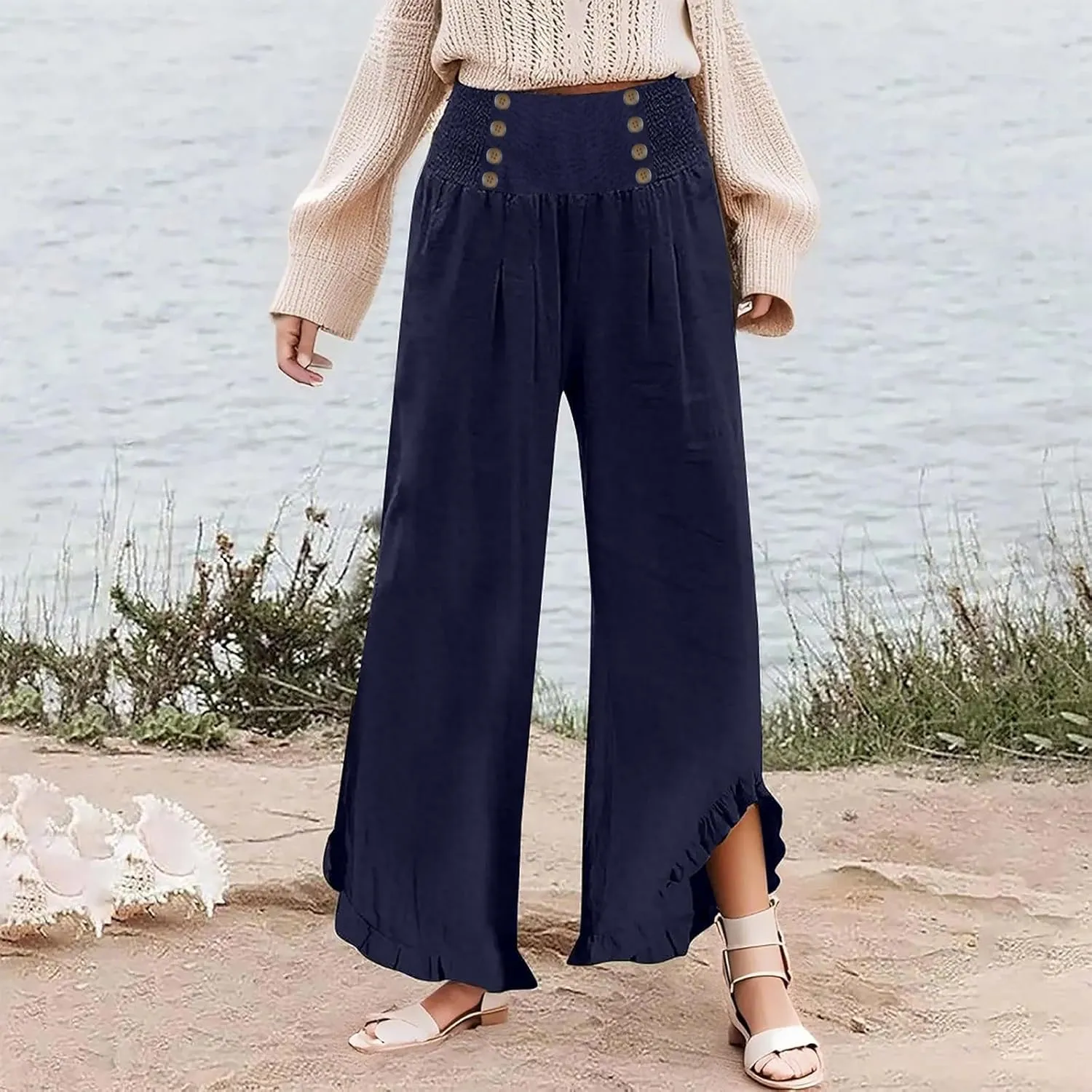 Women's Summer Drawstring Waist Leg Pants Casual Baggy Elastic Waistband with Pockets Fashionable Pants Flowy Wide