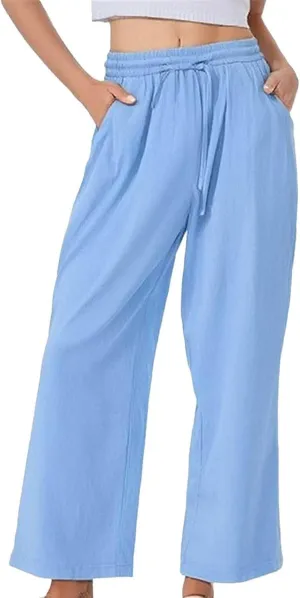 Women's Summer Drawstring Waist Leg Pants Casual Baggy Elastic Waistband with Pockets Fashionable Pants Flowy Wide