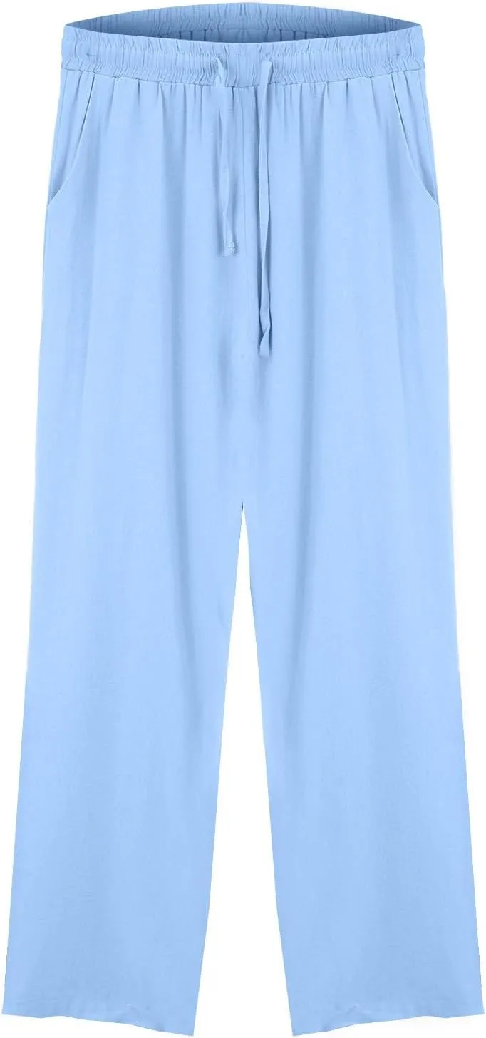 Women's Summer Drawstring Waist Leg Pants Casual Baggy Elastic Waistband with Pockets Fashionable Pants Flowy Wide