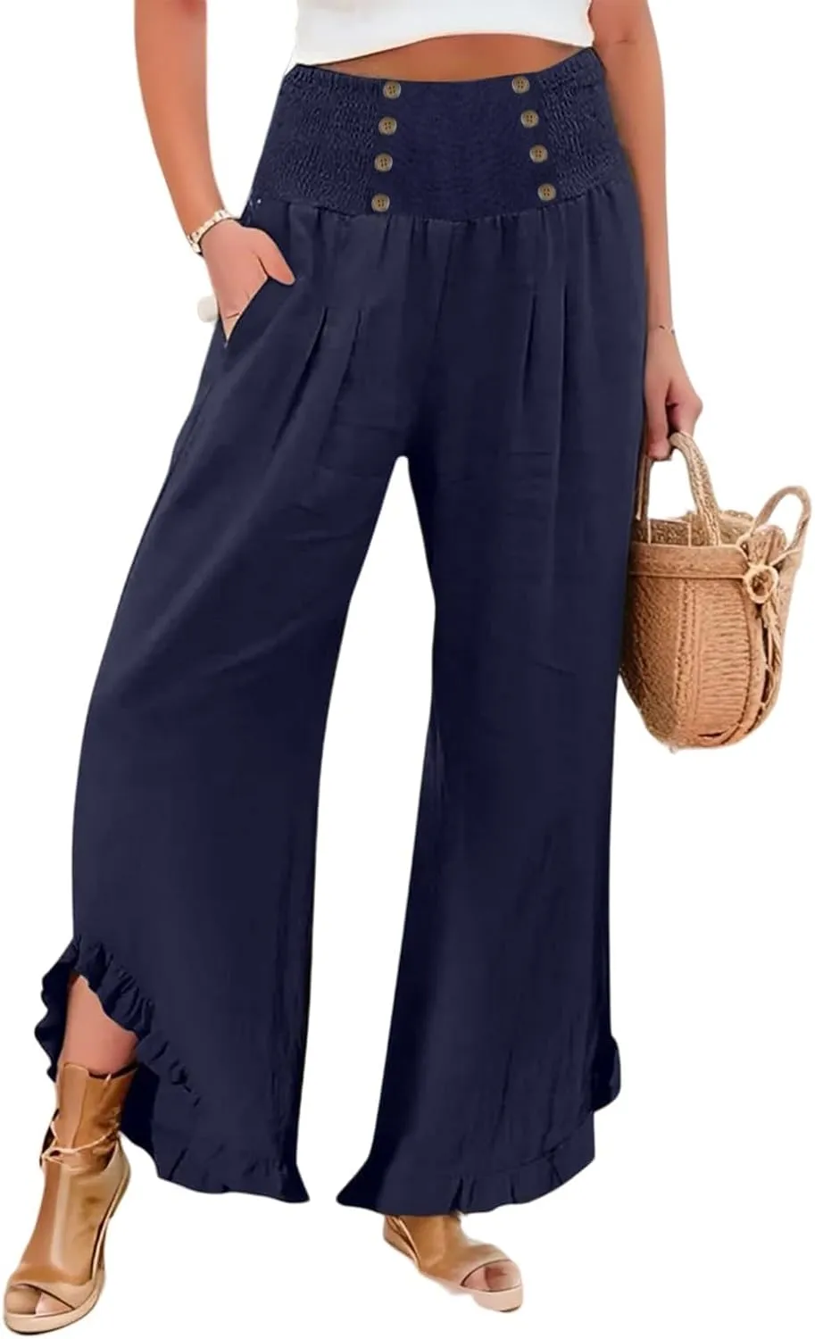 Women's Summer Drawstring Waist Leg Pants Casual Baggy Elastic Waistband with Pockets Fashionable Pants Flowy Wide