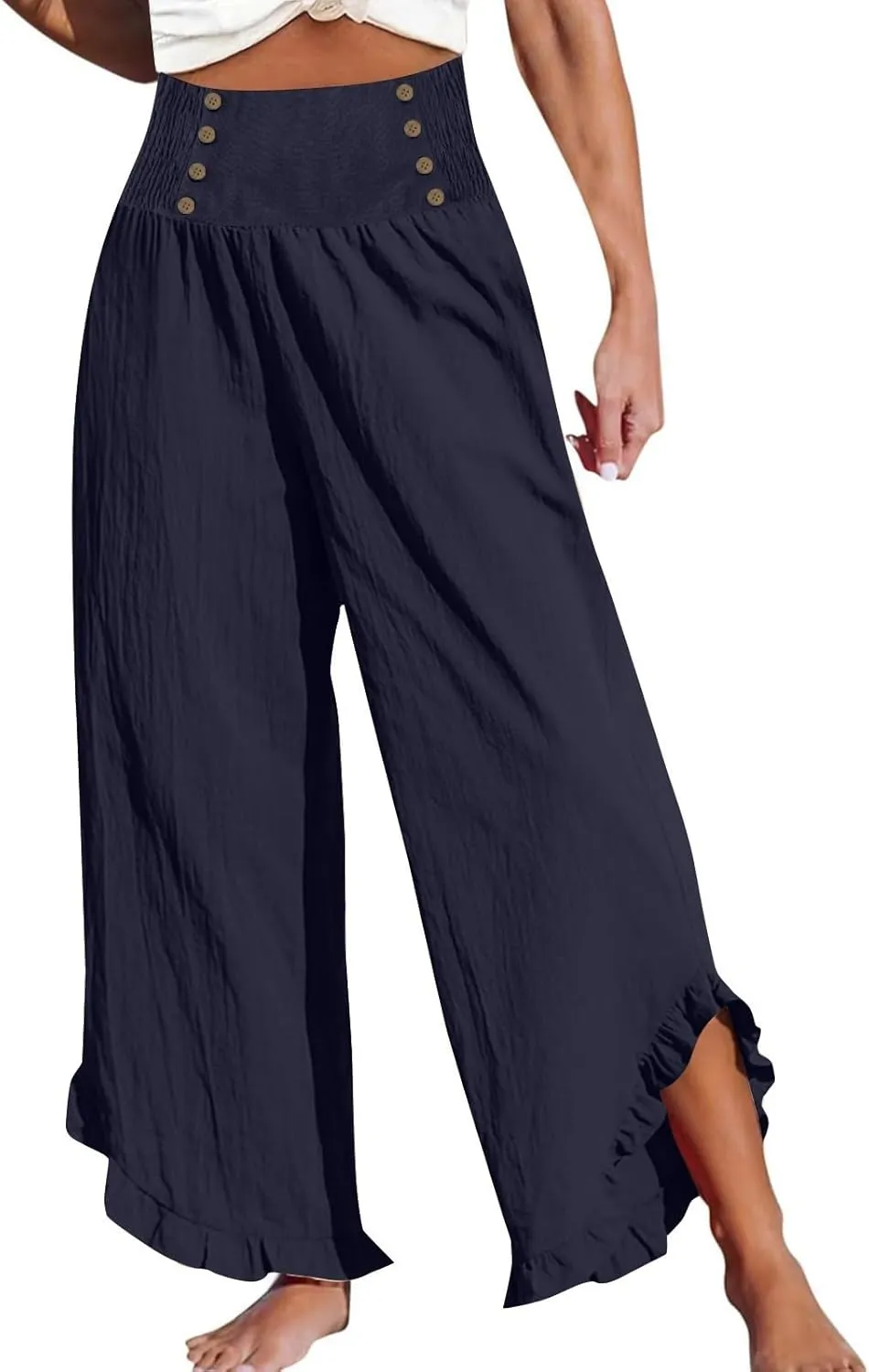 Women's Summer Drawstring Waist Leg Pants Casual Baggy Elastic Waistband with Pockets Fashionable Pants Flowy Wide