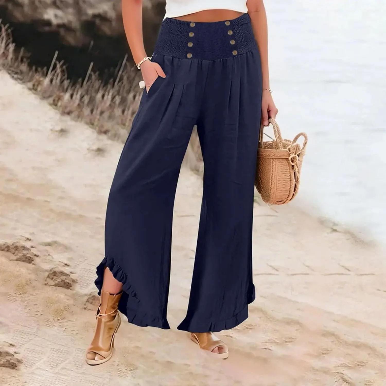 Women's Summer Drawstring Waist Leg Pants Casual Baggy Elastic Waistband with Pockets Fashionable Pants Flowy Wide