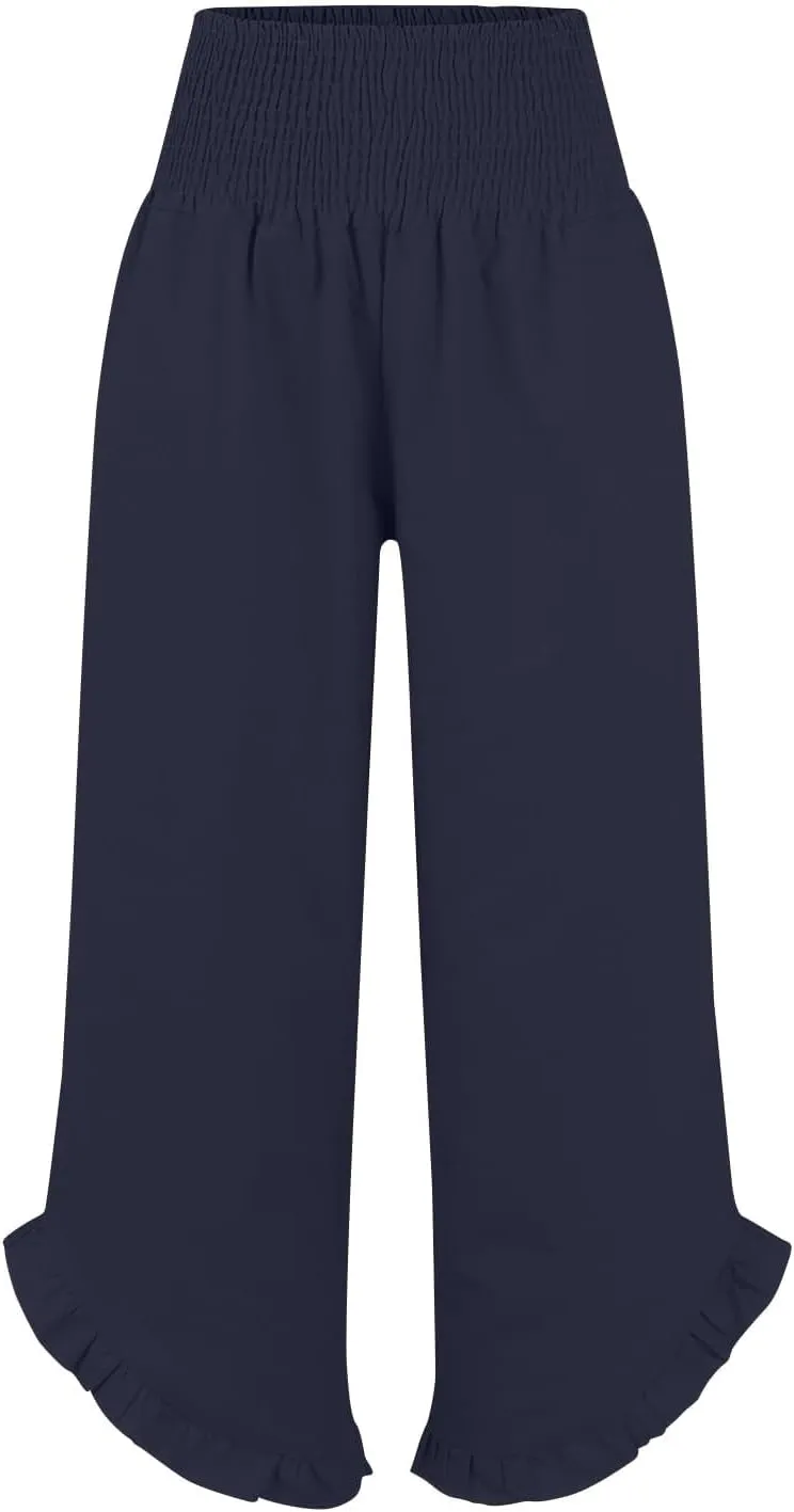 Women's Summer Drawstring Waist Leg Pants Casual Baggy Elastic Waistband with Pockets Fashionable Pants Flowy Wide