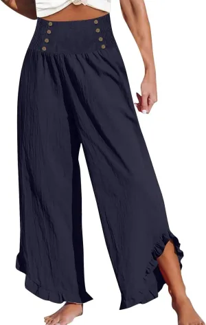 Women's Summer Drawstring Waist Leg Pants Casual Baggy Elastic Waistband with Pockets Fashionable Pants Flowy Wide