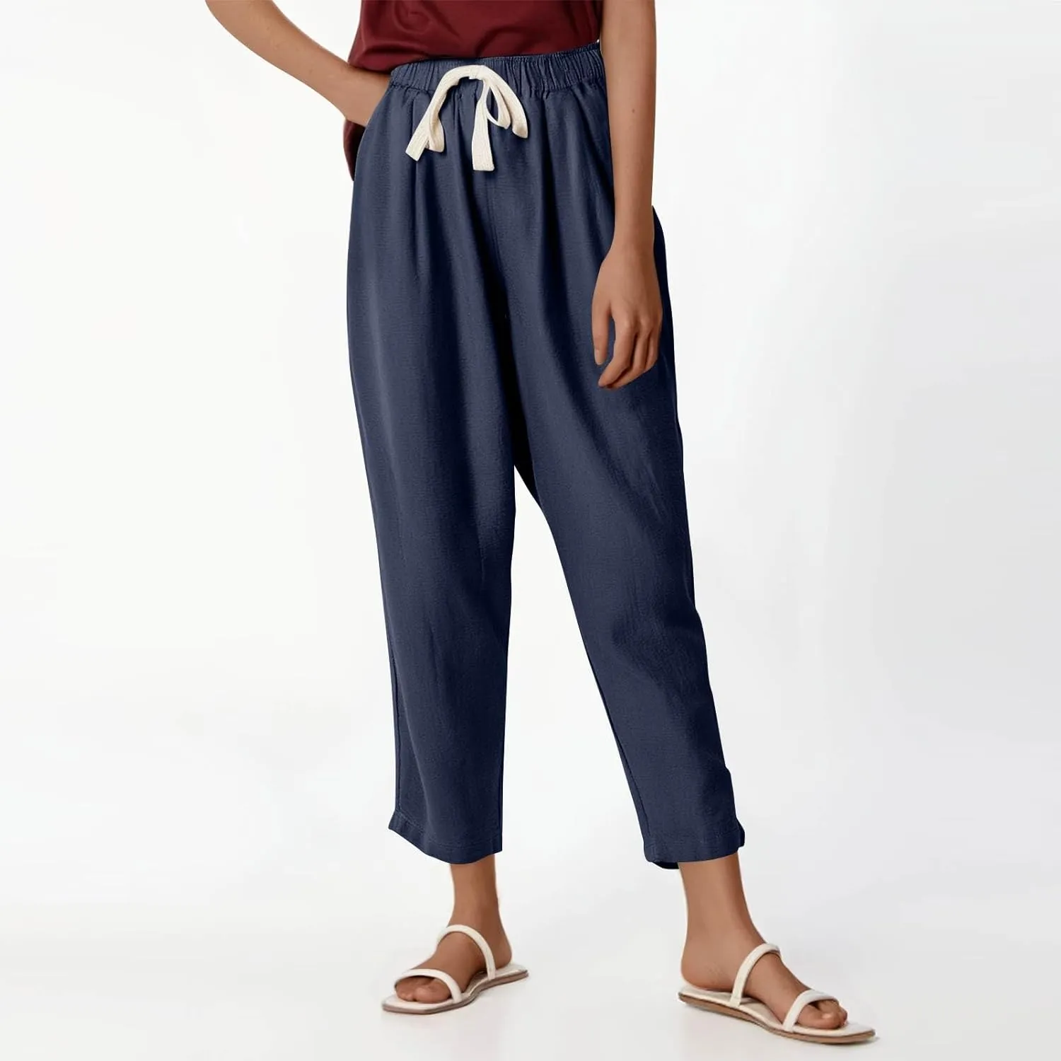 Women's Summer Pants Vacation Outfits Beach 2025 Solid Drawstring Pants with Pockets Harem Lightweight Cropped Slim Joggers