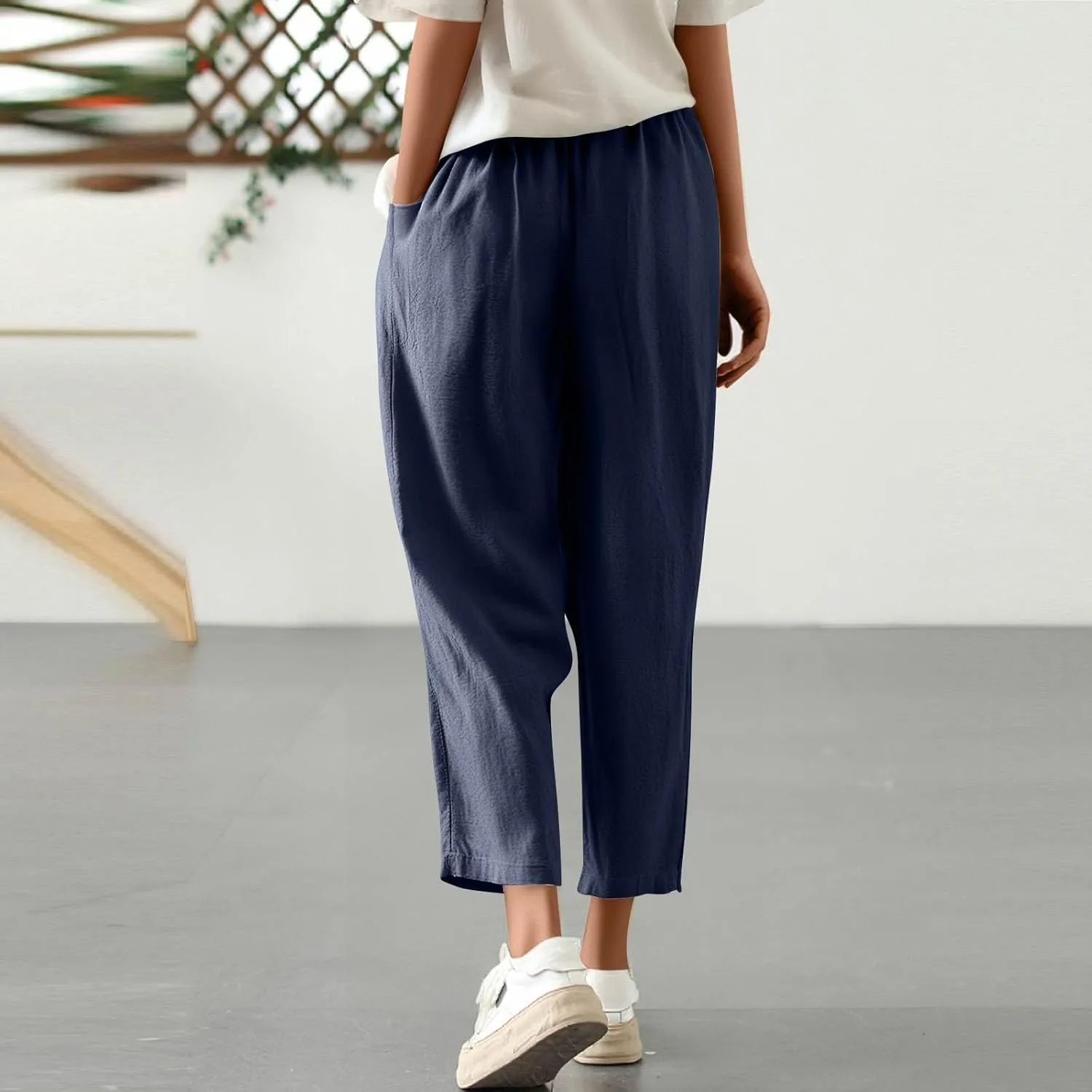 Women's Summer Pants Vacation Outfits Beach 2025 Solid Drawstring Pants with Pockets Harem Lightweight Cropped Slim Joggers