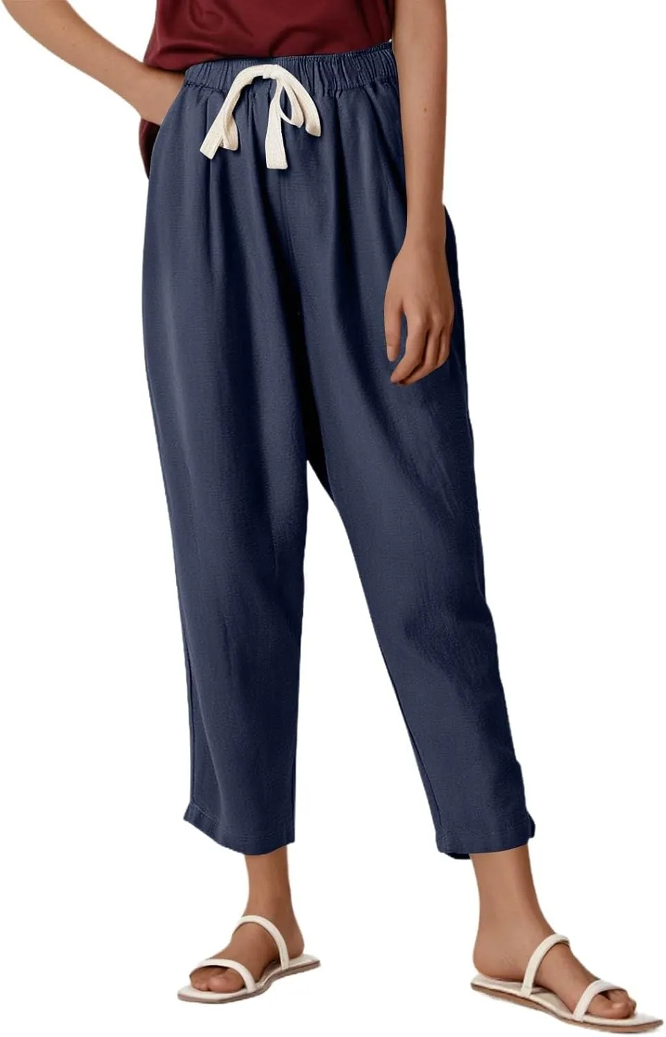 Women's Summer Pants Vacation Outfits Beach 2025 Solid Drawstring Pants with Pockets Harem Lightweight Cropped Slim Joggers