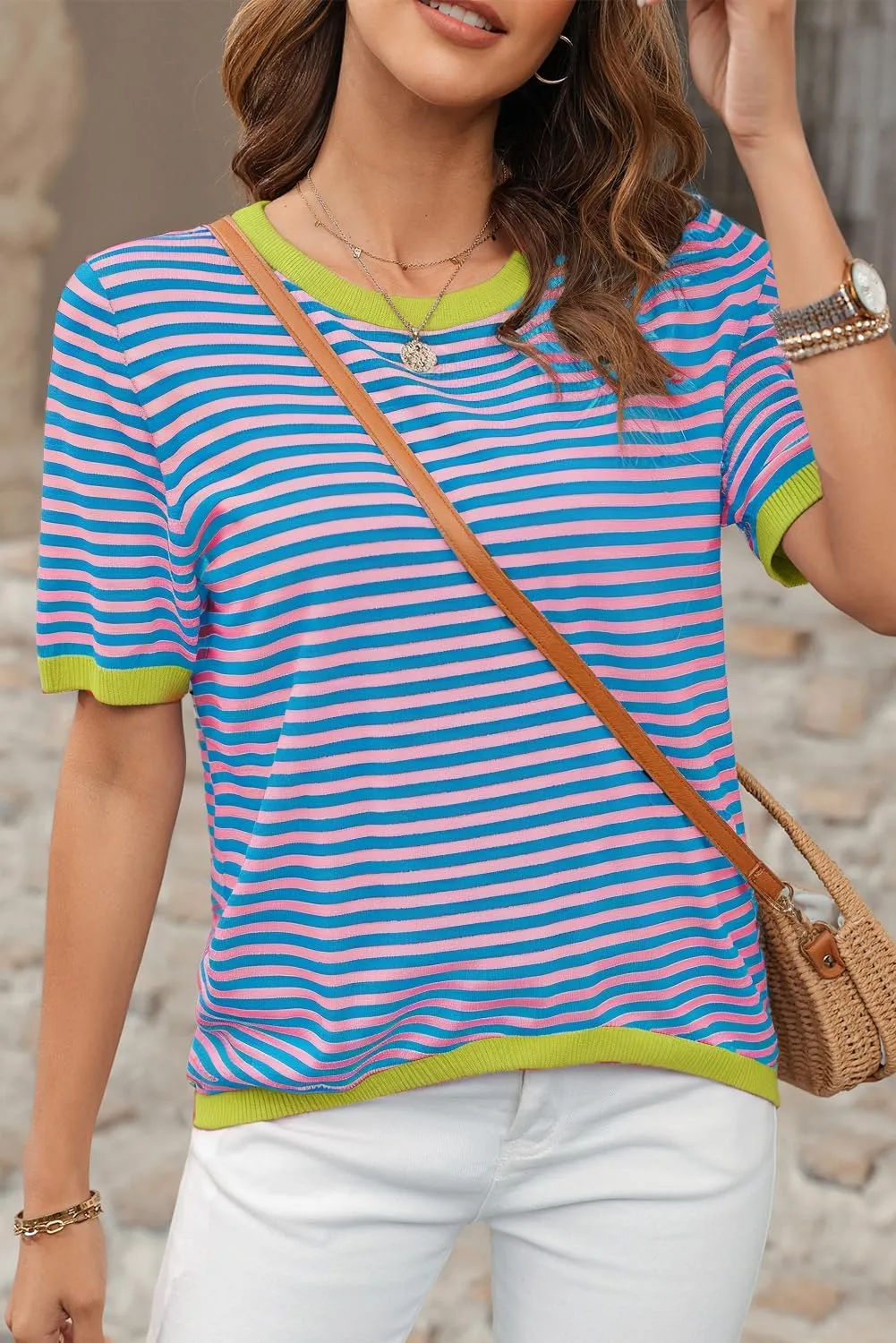 Womens Sweaters Casual Crewneck Short Sleeve Striped Color Block Knitted Cotton Trendy Pullover Sweater Tops