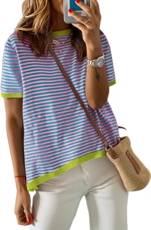 Womens Sweaters Casual Crewneck Short Sleeve Striped Color Block Knitted Cotton Trendy Pullover Sweater Tops