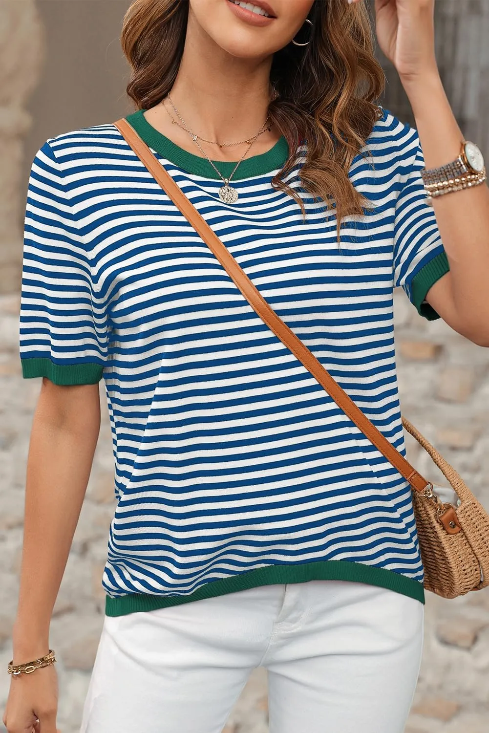Womens Sweaters Casual Crewneck Short Sleeve Striped Color Block Knitted Cotton Trendy Pullover Sweater Tops