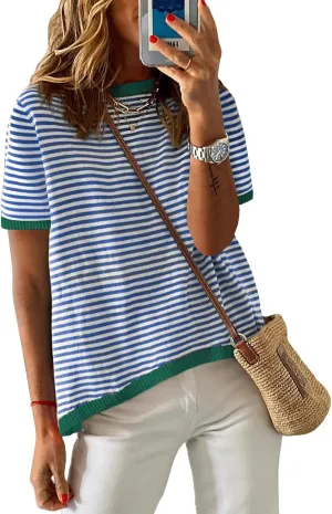 Womens Sweaters Casual Crewneck Short Sleeve Striped Color Block Knitted Cotton Trendy Pullover Sweater Tops