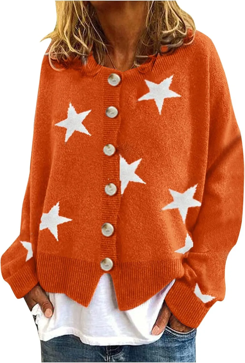 Women's Sweaters Slouchy Knit Chunky Open Front Loose Star Print Cardigan Coat with Pockets Lightweight V Neck Sweaters