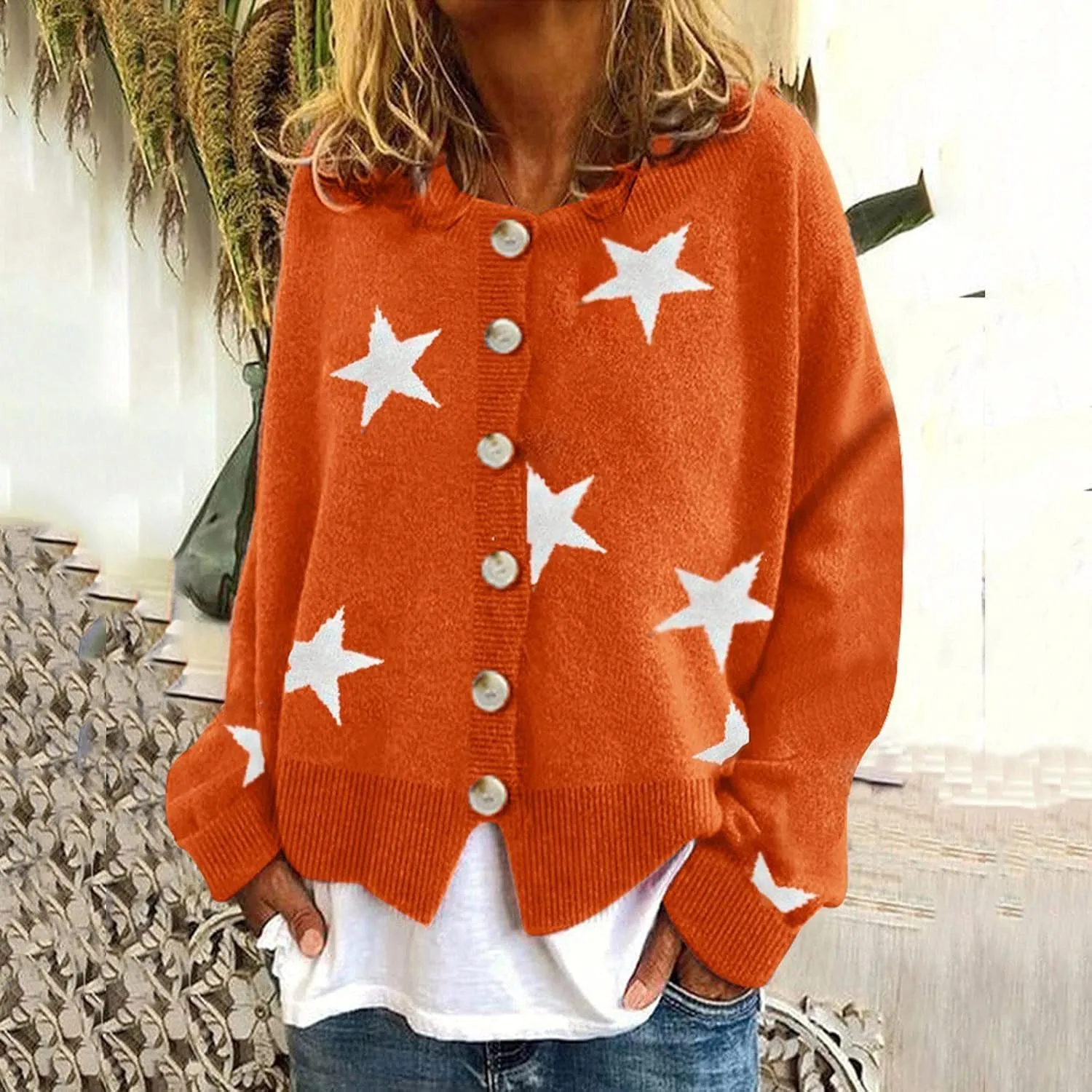 Women's Sweaters Slouchy Knit Chunky Open Front Loose Star Print Cardigan Coat with Pockets Lightweight V Neck Sweaters