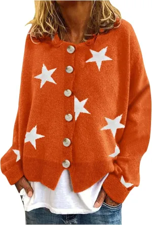 Women's Sweaters Slouchy Knit Chunky Open Front Loose Star Print Cardigan Coat with Pockets Lightweight V Neck Sweaters