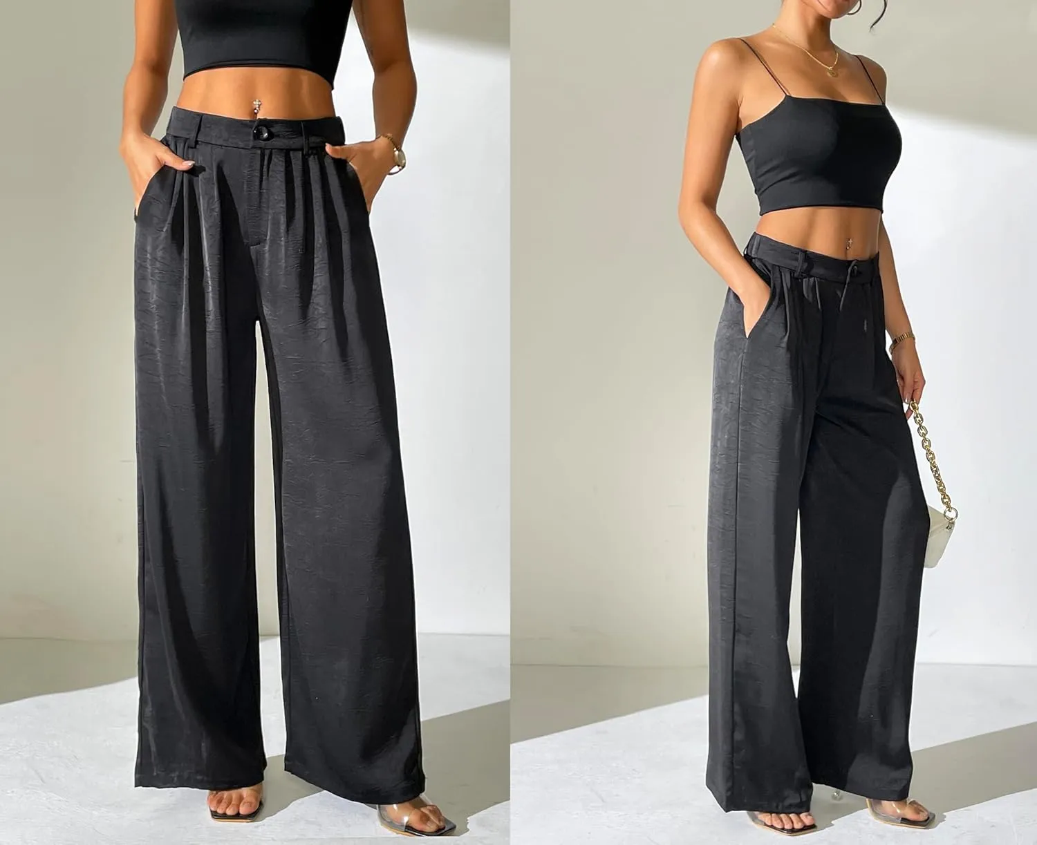Women's Textured Wide Leg Pants Satin Silky Flowy Dressy Trouser Casual Slacks