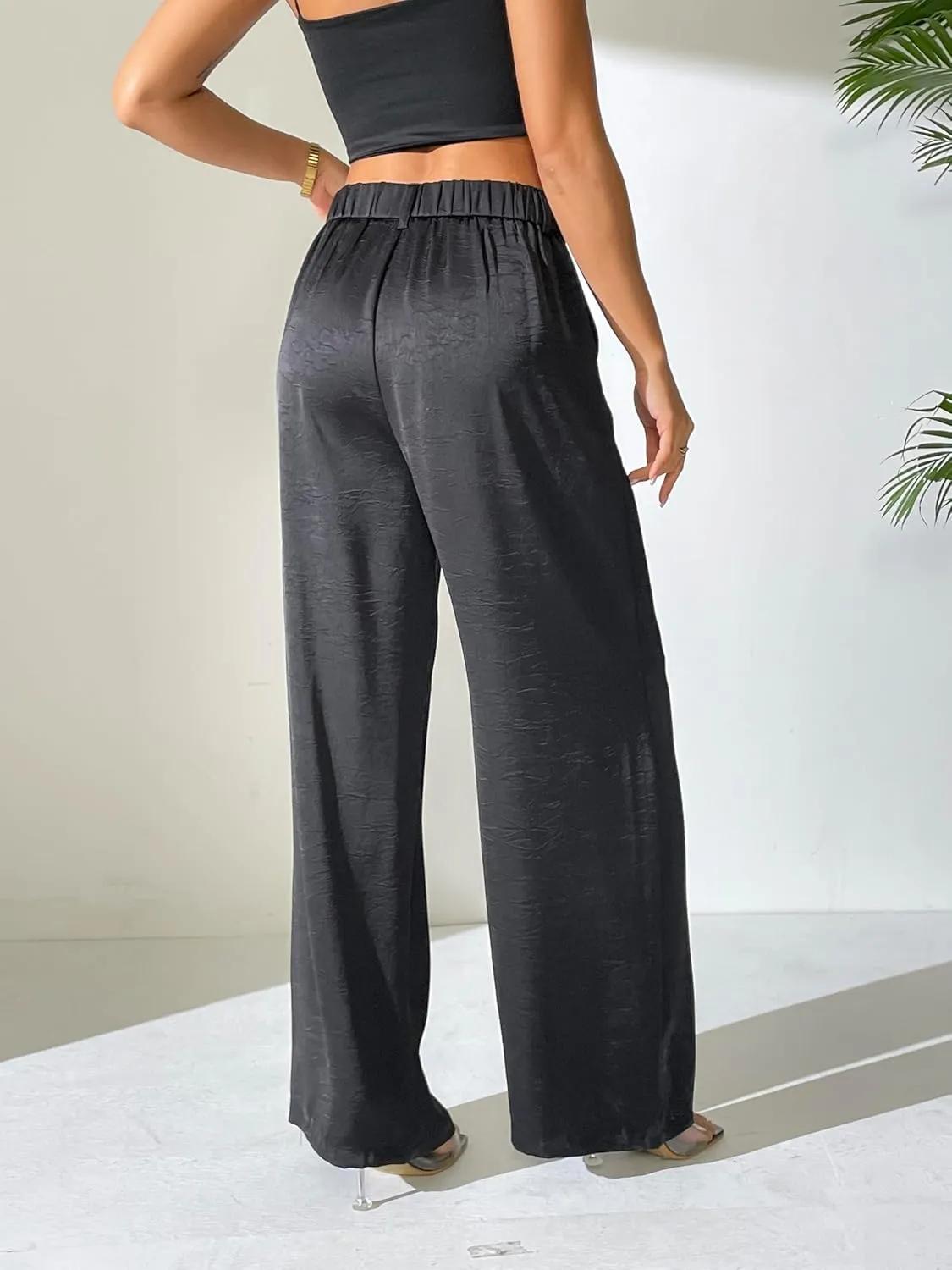 Women's Textured Wide Leg Pants Satin Silky Flowy Dressy Trouser Casual Slacks