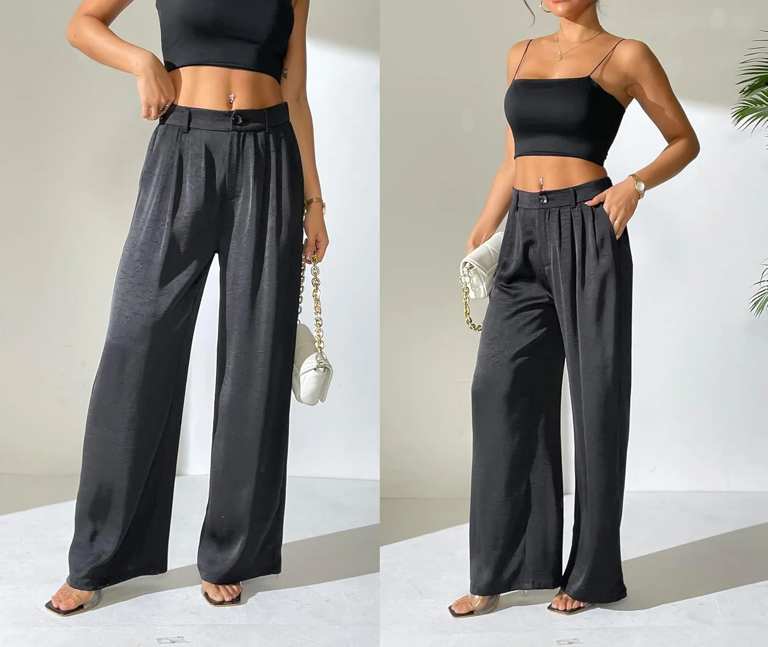 Women's Textured Wide Leg Pants Satin Silky Flowy Dressy Trouser Casual Slacks