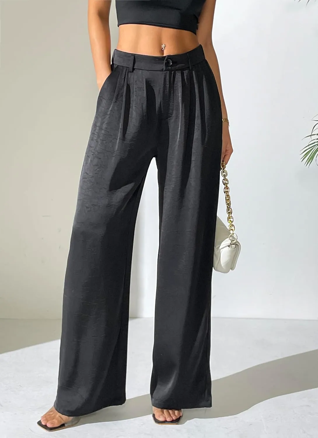 Women's Textured Wide Leg Pants Satin Silky Flowy Dressy Trouser Casual Slacks