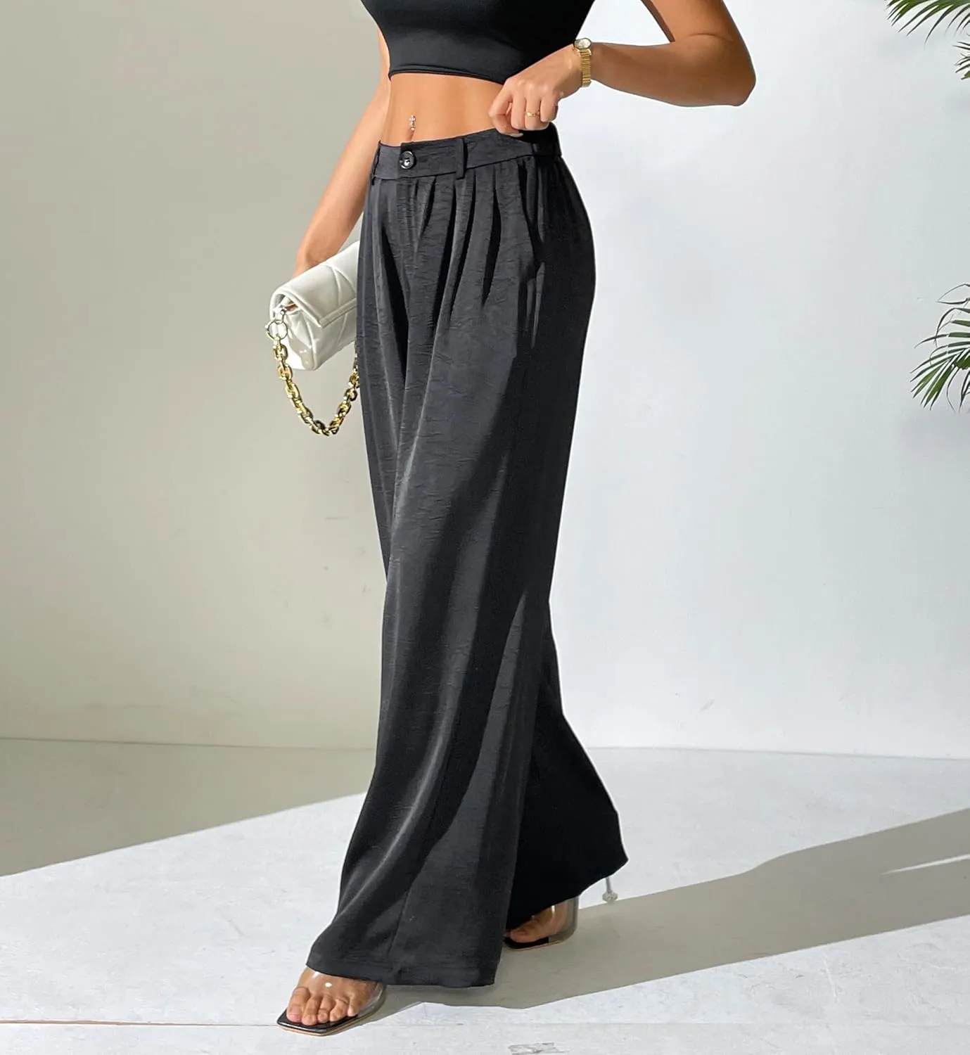 Women's Textured Wide Leg Pants Satin Silky Flowy Dressy Trouser Casual Slacks